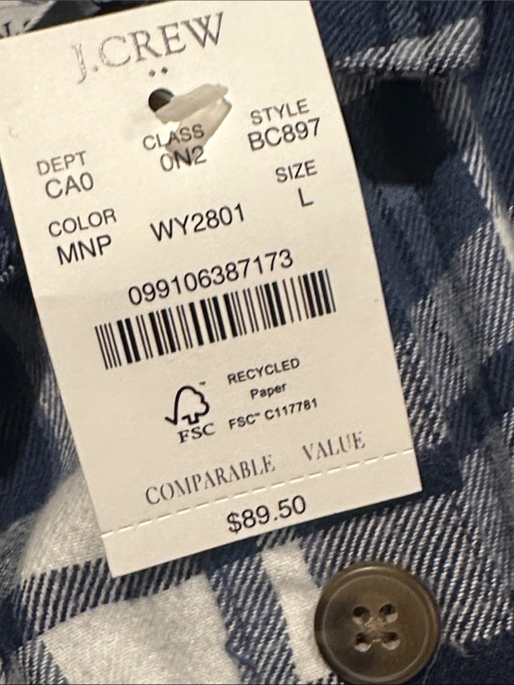 J. Crew Navy and White Plaid Button-Down Shirt Women’s Size L - Picture 3 of 4